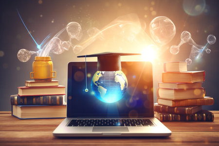 E-learning graduate certificate program concept. lightbulb graduation hat, and education . Internet education course degree, Idea of learning online class.Webinar Online Courses. High quality photoの素材