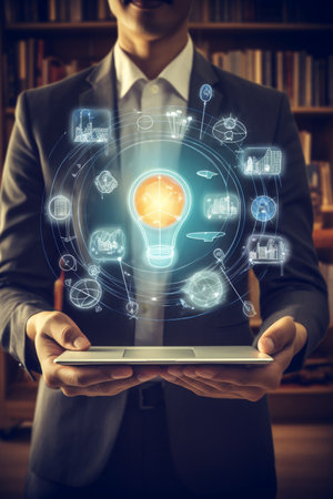 Idea or E-learning graduate certificate program concept. Hands holding lightbulb, graduation hat, and education . Internet education course degree, Idea of learning online class.Webinar Online Courses. . High quality illustrationの素材