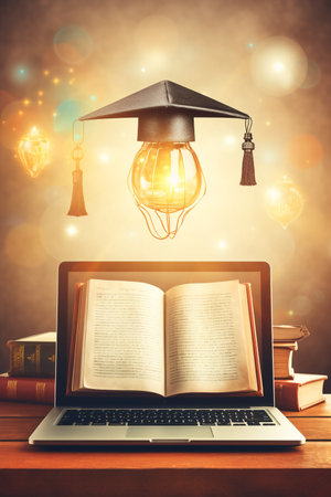 E-learning graduate certificate program concept. lightbulb graduation hat, and education . Internet education course degree, Idea of learning online class.Webinar Online Courses. High quality photoの素材
