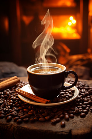 coffee cup with steam surrounded by coffee beans. High quality photoの素材