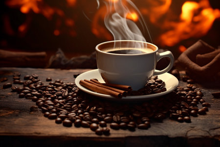 coffee cup with steam surrounded by coffee beans. High quality photoの素材