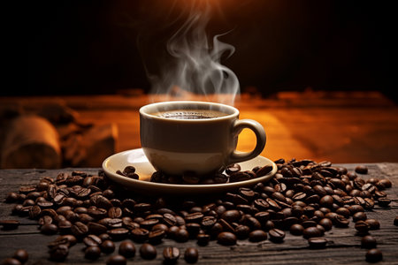 coffee cup with steam surrounded by coffee beans. High quality photoの素材