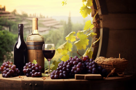 Bottles And Wineglasses With Grapes And Barrel In Rural Scene. High quality photoの素材