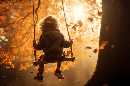 low angle photo of a kid swinging in the swing in autumn. High quality photoの素材