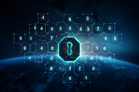 Global net security and blockchain network concept with digital blue padlocks in hexagonal grid on dark background with coding numbers and world map. High quality photoの素材