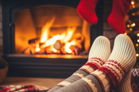 Feet in wool socks near fireplace in winter time. Christmas and new year holidays. High quality photoの素材