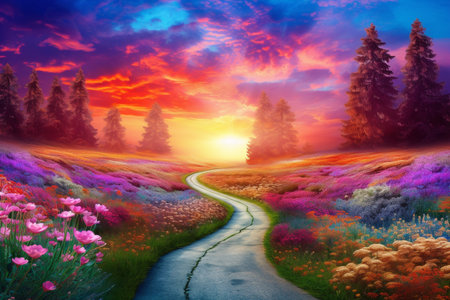 Summer flower meadow wildflower field pink with morning sunlight, Idyllic spring background with blossoming lilac bushes flowers and pink wildflowers on meadow. Pink morning clouds on blue sky over. High quality illustrationの素材