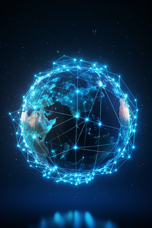 Communication technology for internet business. Global world network and telecommunication on earth cryptocurrency and blockchain and IoT. High quality illustrationの素材