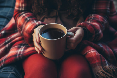 cozy winter. woman in knitted clothing holding hot chocolate. High quality photoの素材
