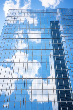 Reflective skyscrapers, business office buildings. Low angle photography of glass curtain wall details of high-rise buildings.The window glass reflects the blue sky and white clouds. High quality photoの素材