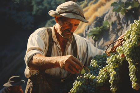 Old Farmer harvesting grapes. Oil painting. High quality illustrationの素材