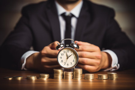 Clock and pile of money on the wooden table with overworked businessman . Overtime and life work balance concept. High quality illustrationの素材