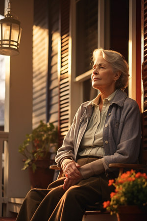 Thoughtful senior woman sitting on porch. High quality photoの素材