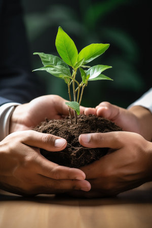 World environment day concept. Earth Day In the hands of trees growing seedlings. Tree planting on volunteer familys hands for eco friendly and corporate social responsibility campaign concept. High quality photoの素材