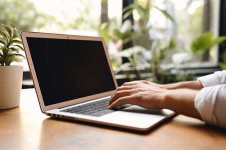 Laptop Computer Blank White Screen on Table in Coffee Cafe. High quality photoの素材