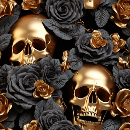 3D seamless pattern, skulls and roses. Halloween pattern wrap background. High quality photoの素材