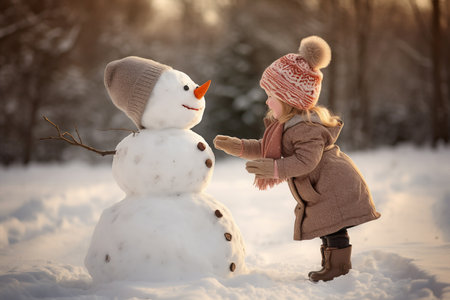 cute little girl playing with a snowman. High quality photoの素材