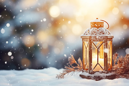 Christmas Lantern On Snow With Fir Branch In Evening Scene. High quality photoの素材