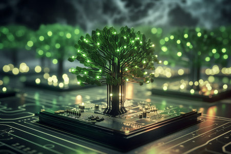 Tree growing on the converging point of computer circuit board. Green computing, Green technology, Green IT, CSR, and IT ethics. Concept of green technology. Environment green technology. High quality photoの素材