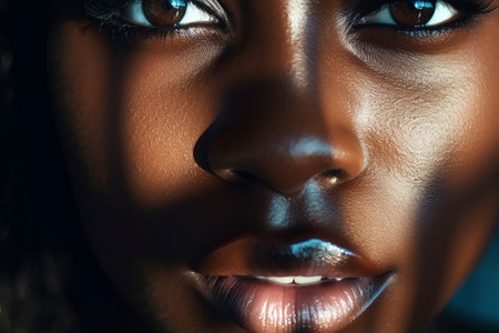 Extreme close up of a African american woman with striking eyes and pouty lips. Face of beautiful caucasian woman. interplay of light and shadow. Dramatic composition. High quality photoの素材