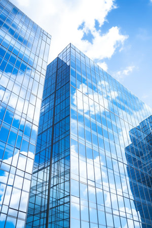 Reflective skyscrapers, business office buildings. Low angle photography of glass curtain wall details of high-rise buildings.The window glass reflects the blue sky and white clouds. High quality photoの素材