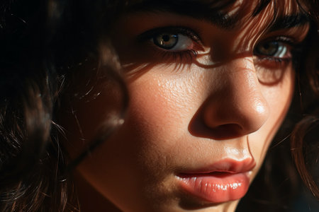 Extreme close up of a caucasian woman with striking Blue eyes and pouty lips. Face of beautiful caucasian woman. interplay of light and shadow. Dramatic composition. High quality photoの素材