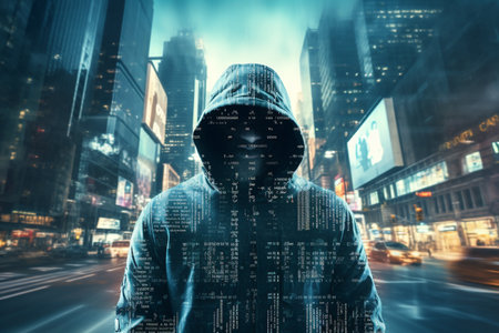 Double exposure image of an anonymous hacker in a hoodie in the night in the city of data. High quality photoの素材
