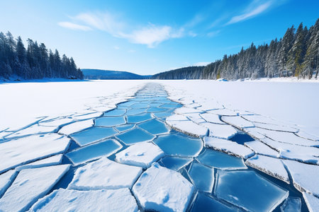 Blue ice and cracks on the surface of the ice. Frozen lake under a blue sky in the winter. The hills of pines. Winter background. High quality photoの素材