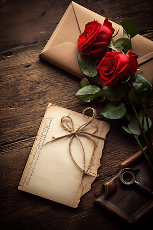 Valentines day, Romance, red rose, old letters and antique pen. sentimental vintage love background. High quality photoの素材