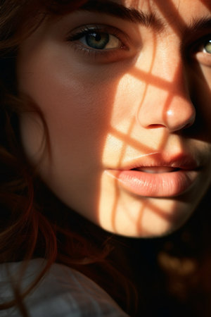 Extreme close up of a caucasian woman with striking Blue eyes and pouty lips. Face of beautiful caucasian woman. interplay of light and shadow. Dramatic composition. High quality photoの素材