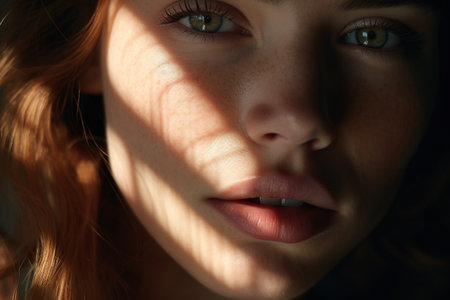 Extreme close up of a caucasian woman with striking Blue eyes and pouty lips. Face of beautiful caucasian woman. interplay of light and shadow. Dramatic composition. High quality photoの素材