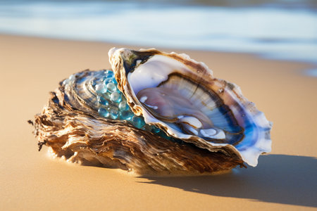 Close up of pearl oyster on a sandy beach. High quality photoの素材