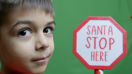 Cute boy with Sign Santa Stop Here winking. Isolated on green,. High quality photoの写真素材