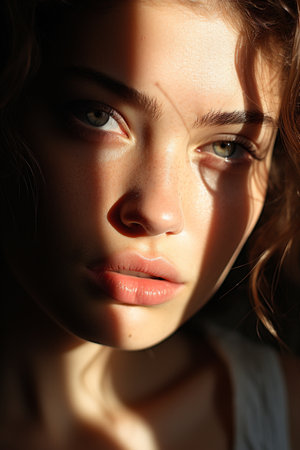 Extreme close up of a caucasian woman with striking Blue eyes and pouty lips. Face of beautiful caucasian woman. interplay of light and shadow. Dramatic composition. High quality photoの素材
