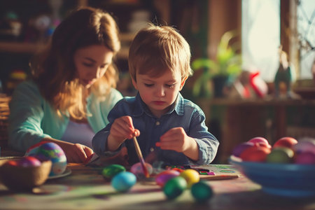 Mother with chidl decorating eggs for easter. High quality photoの素材