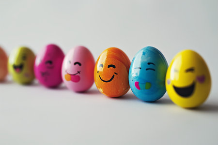 Easter colored eggs with emotions. Easter background or banner. High quality photoの素材