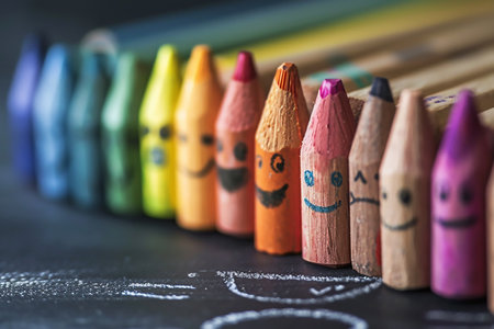 Colorful pencil crayons with emoji face expressions on the black chalk board. High quality photoの素材