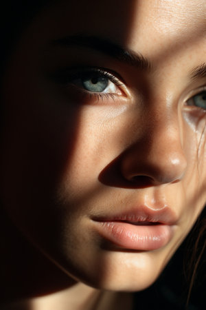 Extreme close up of a caucasian woman with striking Blue eyes and pouty lips. Face of beautiful caucasian woman. interplay of light and shadow. Dramatic composition. High quality photoの素材