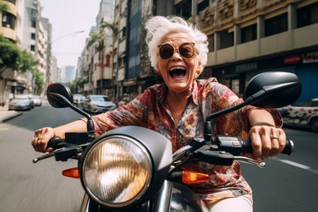 Cool grandma with funny face riding a bike on the streets. High quality photoの素材