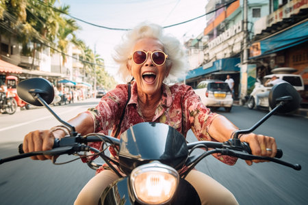 Cool grandma with funny face riding a bike on the streets. High quality photoの素材