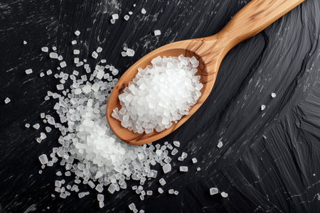 white crystal sugar in a wooden spoon. High quality photoの素材