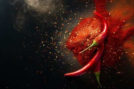 raw red chilly and powder burst isolated on black background, close up. High quality photoの素材