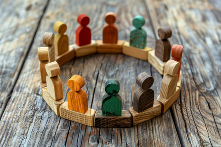 Diversity equity and inclusion concept. People figures in the circle. Team work, diverse culture. Copy space and selective focus. wood,. High quality photoの素材