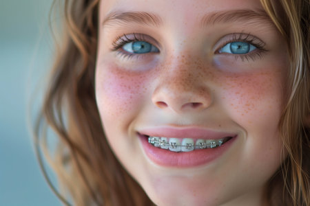 Portrait of a happy smiling caucasian girl with healthy teeth with metal braces. Close up. Copy space. High quality photoの素材