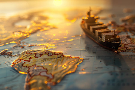 cargo container ship model over the world map. Shipownersip, wealth, transportation concept. High quality photoの素材