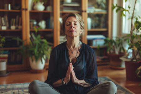 Middle aged woman meditating at home with eyes closed, relaxing body and mind in a living room. Mental health and meditation for no stress concept. Self care and wellbeing. High quality photoの素材