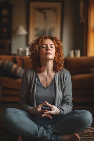 Middle aged woman meditating at home with eyes closed, relaxing body and mind in a living room. Mental health and meditation for no stress concept. Self care and wellbeing. High quality photoの素材