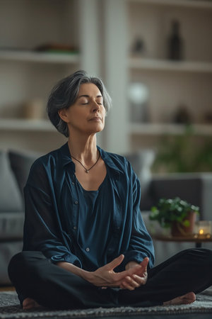 Middle aged woman meditating at home with eyes closed, relaxing body and mind in a living room. Mental health and meditation for no stress concept. Self care and wellbeing. High quality photoの素材