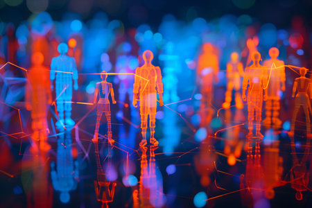 concept of the communication network. Group of paper people connected with communication lines. Futuristic look. Blue and orange lighting. Business adds. Teamwork Copy space. High quality photoの素材