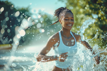 Young African American woman running over the water. Sports and wellbeing concept. High quality photoの素材